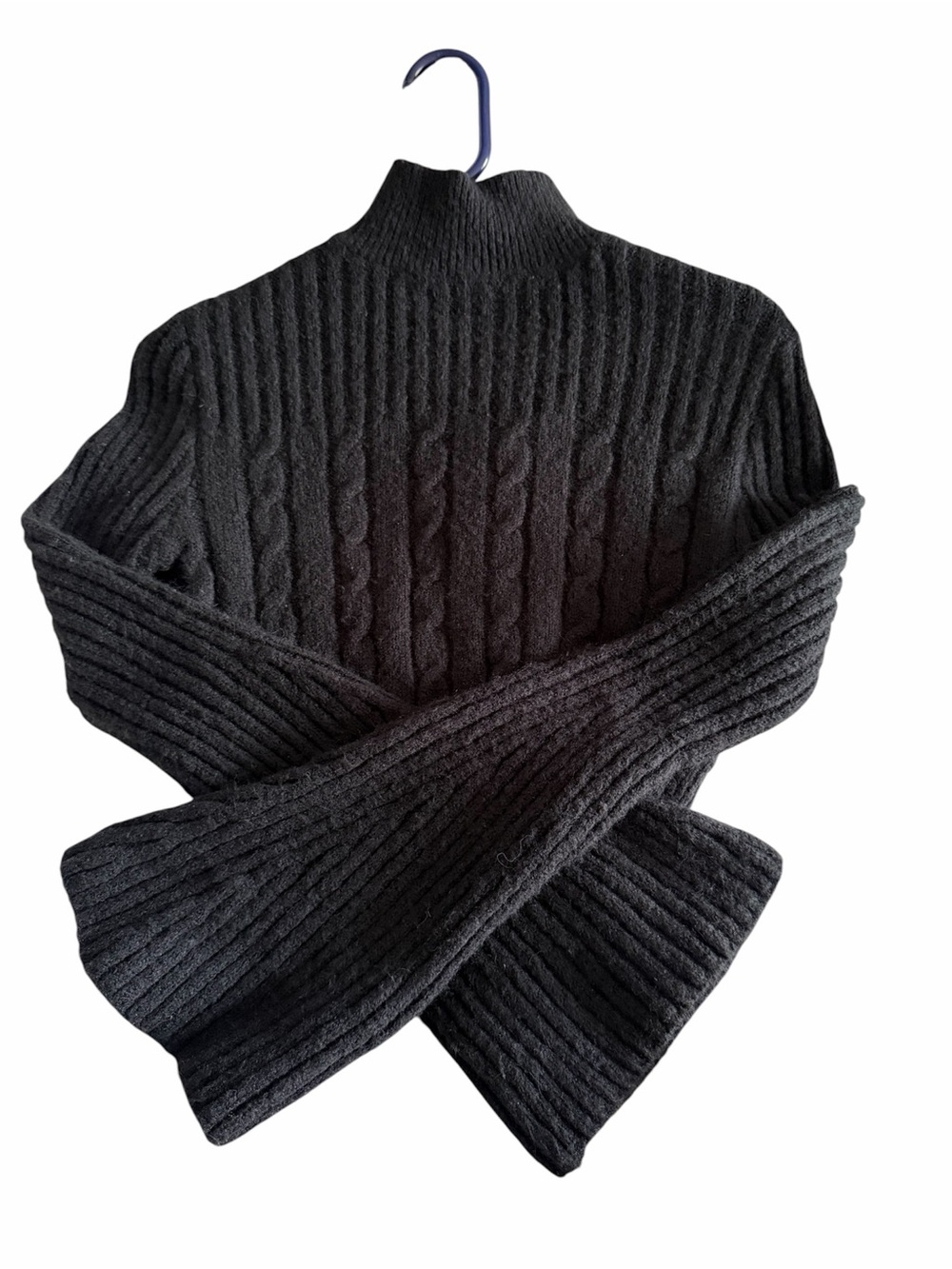 Women’s Black Cable-Knit Mock Neck Sweater Bell Sleeves